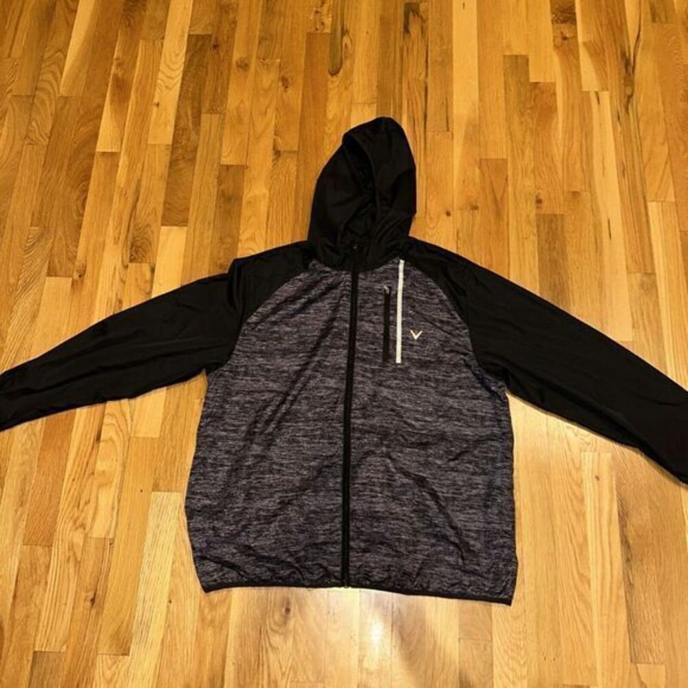 CALLAWAY Mens Windbreaker Sz Large Jacket GRAY BLACK Hooded Zip Golf
